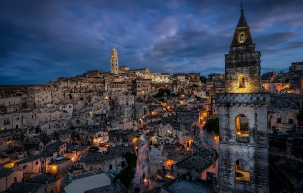 Здания, башня, дома, Италия, ночной город, Italy, Matera, Базиликата