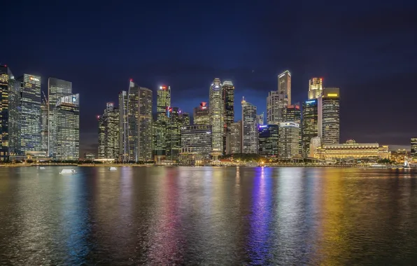Город, огни, океан, панорама, Сингапур