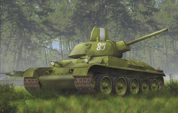 Картинка лес, советский, WW2, Т-34-76, танкк