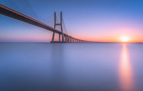 Мост, река, восход, рассвет, Португалия, Лиссабон, Portugal, Lisbon