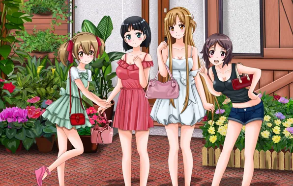 Девушки, anime, art, sword art online, Asuna Yuuki, Rika Shinozaki, Keiko Ayano, Suguha Kirigaya
