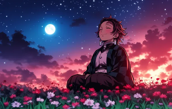 Луна, аниме, арт, wallpaper, moon, клинок, demon slayer, клинок рассекающий демонов