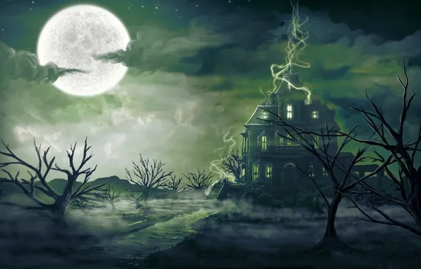 Картинка деревья, пейзаж, ночь, туман, дом, магия, луна, арт