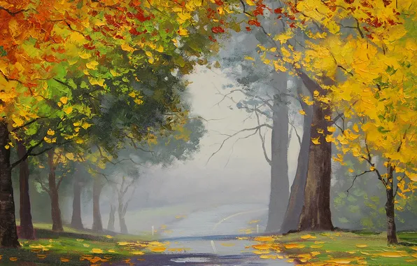 Картинка дорога, осень, асфальт, листья, деревья, пейзаж, желтые, арт