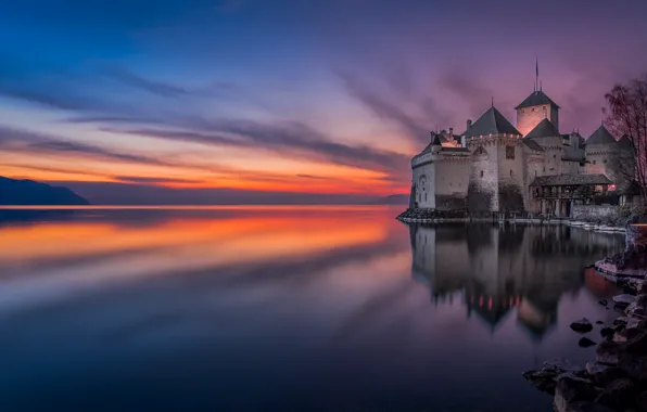 Картинка закат, озеро, отражение, замок, Швейцария, Switzerland, Женевское озеро, Шильонский замок