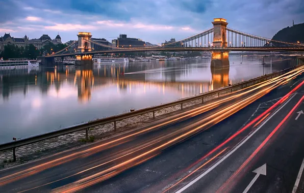 Картинка Hungary, Budapest, light trails, Danube River, Chain Bridge