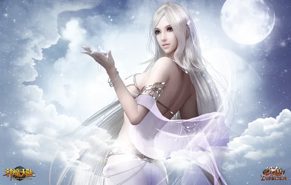 Girl, moon, clouds, forsaken world, sillia