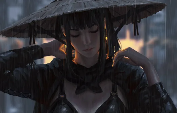 Картинка girl, fantasy, rain, hat, samurai, artist, digital art, artwork