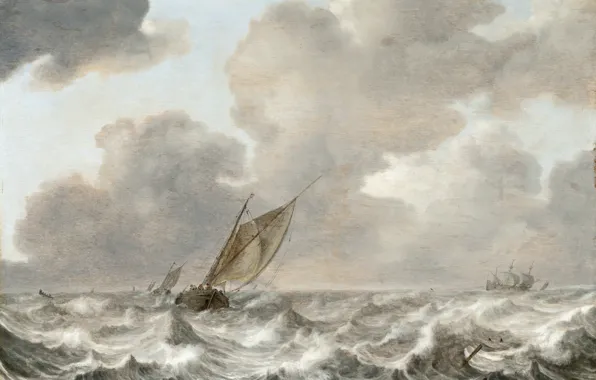 Картинка волны, небо, тучи, шторм, лодка, корабль, картина, Jan Porcellis