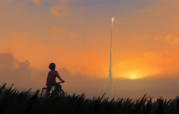 Картинка Закат, Солнце, Мальчик, Ракета, Велосипед, Art, Пуск, Запуск