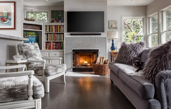 Картинка диван, книги, стул, камин, chair, гостиная, плазма, living room
