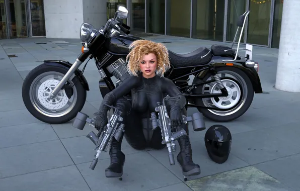 Картинка девушка, оружие, мотоцикл
