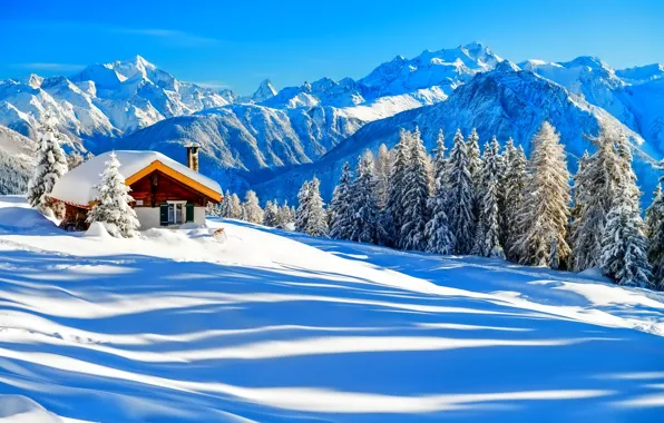 Зима, лес, небо, снег, деревья, горы, природа, дом