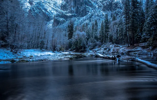 Картинка зима, снег, деревья, река, скалы, Калифорния, США, Йосемити