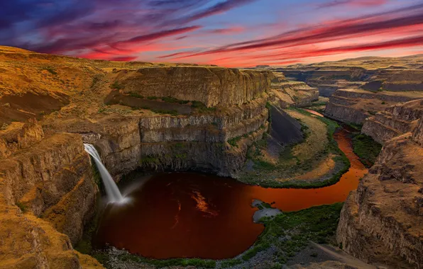 Картинка облака, река, скалы, водопад, каньон, зарево, США, штат Вашингтон