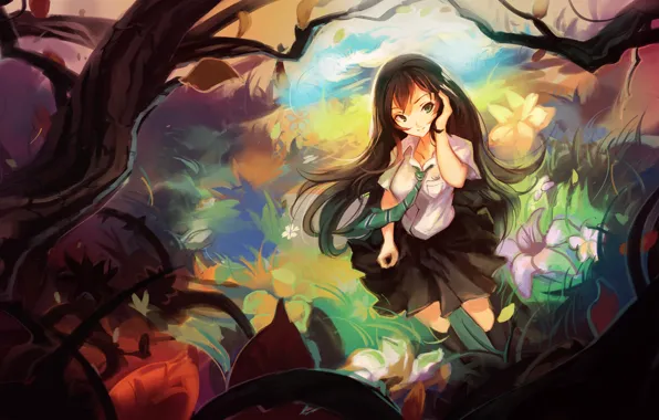 Картинка девушка, деревья, цветы, ветви, аниме, арт, форма, школьница