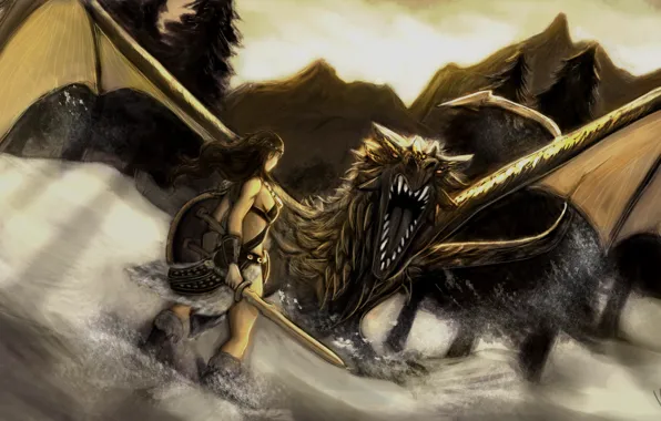 Картинка девушка, снег, горы, дракон, меч, щит, Skyrim, Dovahkiin