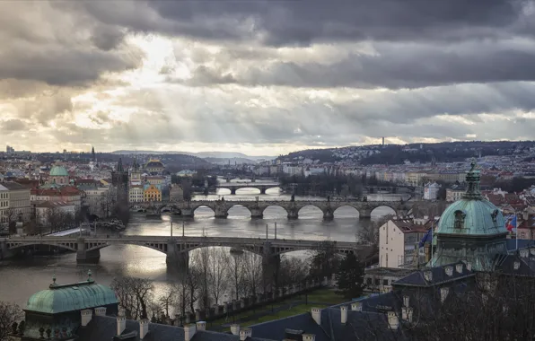 Картинка город, река, здания, Прага, Чехия, мосты