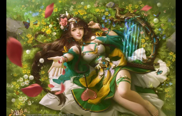 Девушка, цветы, арфа, legend of the three kingdoms, yuanzi-lin, zhou fei