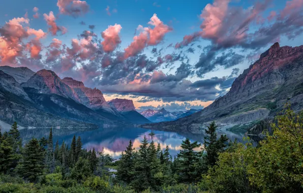 Картинка горы, озеро, остров, Монтана, США, Saint Mary Lake, Wild Goose Island, национальный парк Глейшер