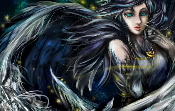 Картинка девушка, крылья, перья, фэнтези, арт, кулон, цепочка