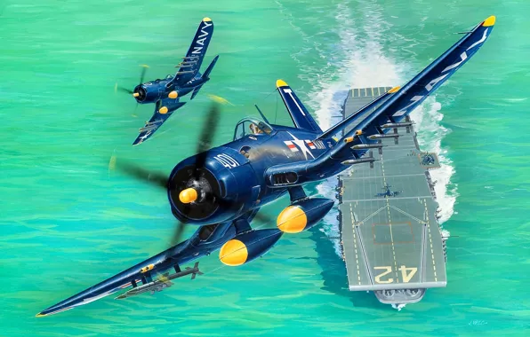 Пара, Ракеты, Corsair, Авианосец, F4U-5, HVAR, 4x20-мм пушки, Двигатель R-2800-32W