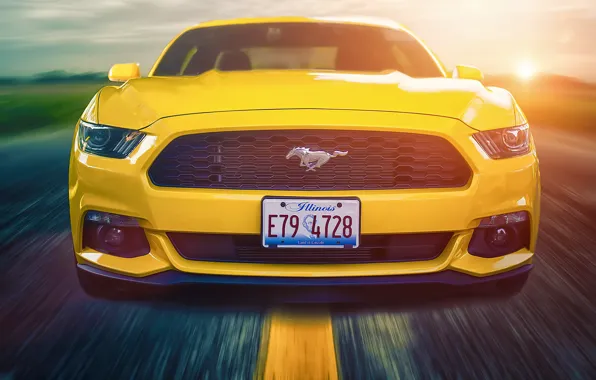 Mustang, Ford, Muscle, Car, Front, Sun, Yellow, Road