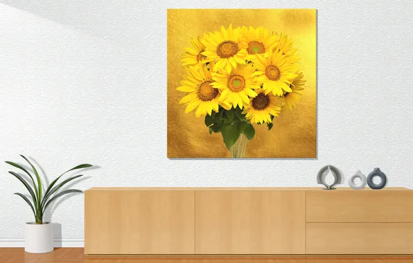 Living room, vase, sunflowers, pot, picture frame, sideboard