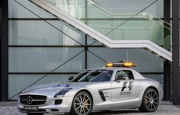 Машина, серебристая, мерседес, safety car, mercedes-benz sls amg, gt f1