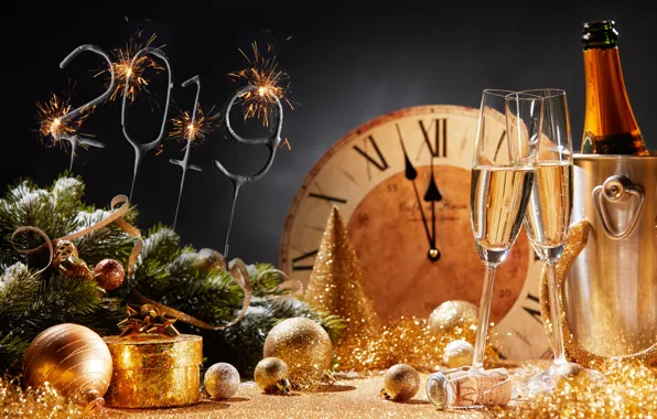 Картинка фон, праздник, подарок, игрушки, бокалы, Новый год, мишура, шампанское
