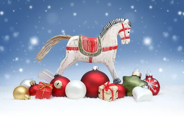 Картинка снег, украшения, шары, лошадь, игрушки, куклы, подарки, Новый год
