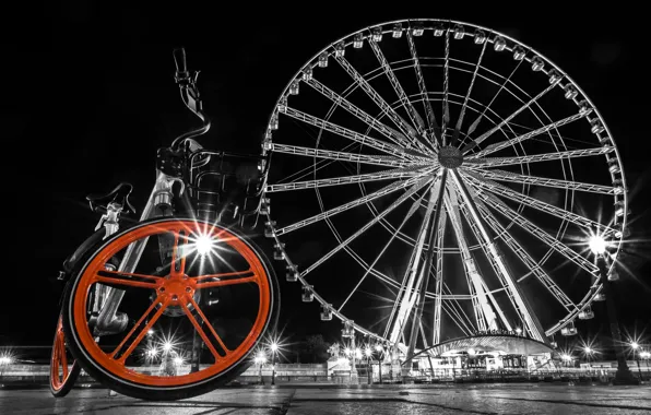 Велосипед, Франция, Париж, площадь, колесо обозрения, Paris, монохром, France