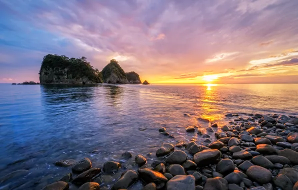 Море, пляж, облака, закат, отражение, скалы, вечер, beach