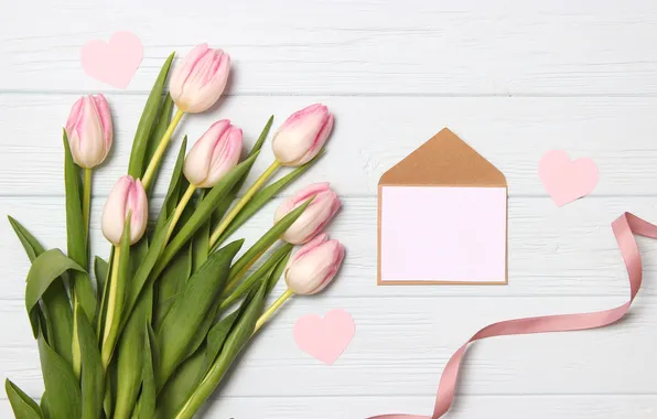 Картинка цветы, подарок, букет, тюльпаны, розовые, wood, pink, flowers