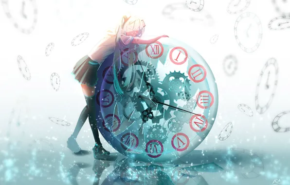 Девушка, часы, Hatsune Miku, Vocaloid, Вокалоид, Хатсуне Мику