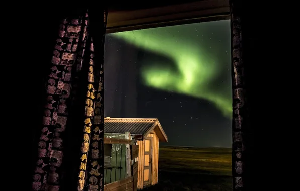 Звезды, ночь, северное сияние, окно, Aurora Borealis