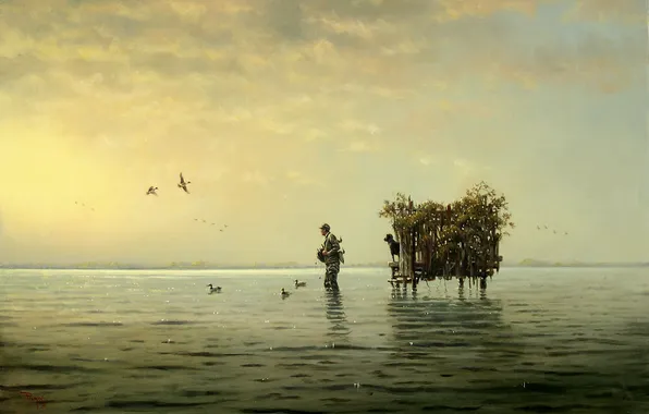 Картинка озеро, рисунок, собака, картина, репродукция, охотник, Kyle, Polzin