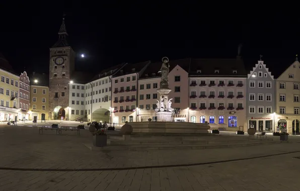 Картинка ночь, огни, башня, дома, Германия, Бавария, площадь, панорама