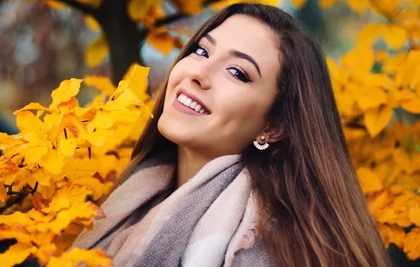 Осень, взгляд, девушка, ветки, улыбка, парк, листва, портрет