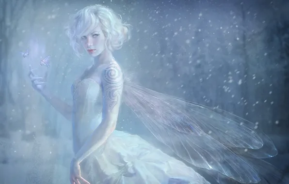 Картинка девушка, снег, бабочки, узор, крылья, фея, тату, когти