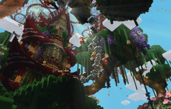 Небо, облака, деревья, башня, блоки, луч, Minecraft