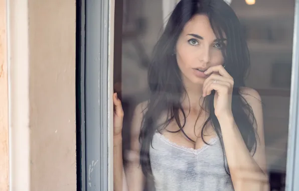 Картинка взгляд, лицо, брюнетка, окно, Nicole