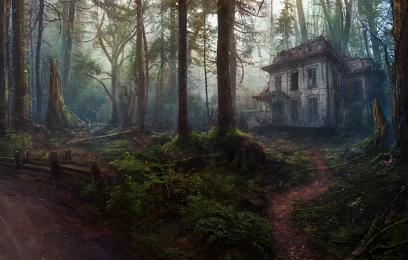 Деревья, Лес, Дом, Art, Заброшенный дом, Concept Art, by Oleg Yolchiev, Forest house