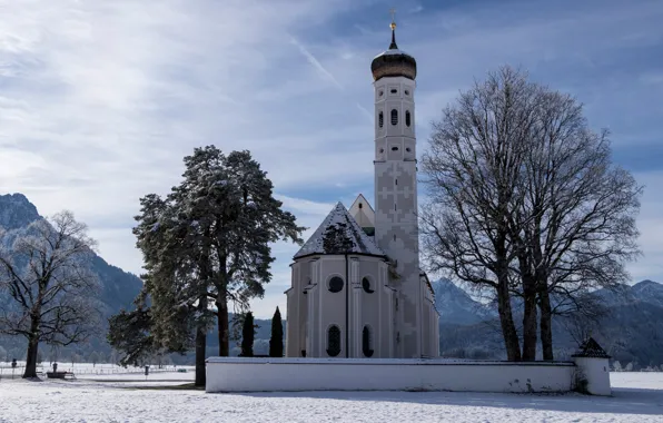 Зима, деревья, горы, Германия, Бавария, Альпы, церковь, Germany