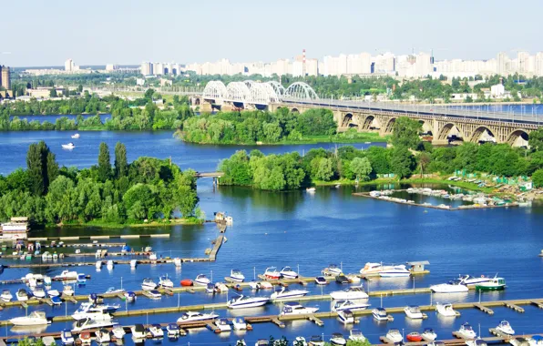 Деревья, мост, город, река, фото, причал, пирс, Украина