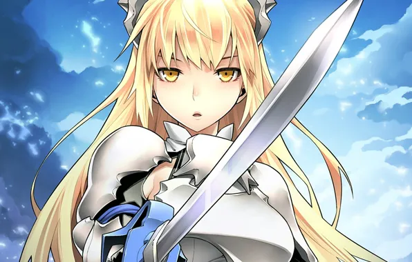 Небо, взгляд, меч, sword, броня, Dungeon ni Deai o Motomeru no wa Machigatte Iru Darouka, …