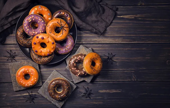 Стол, праздник, пауки, Halloween, Хеллоуин, пончики, выпечка