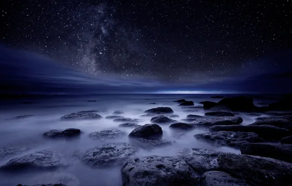 Море, небо, звезды, ночь, камни, берег