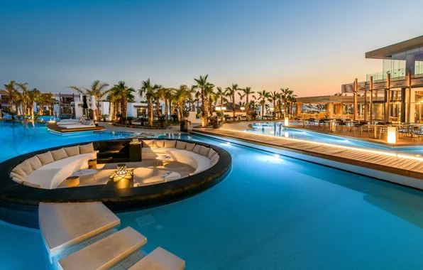 Пальмы, бассейн, Греция, курорт, люксус, Crete Luxury Resort, Stella island