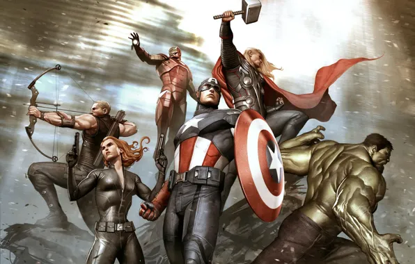 Обои Hulk, Iron Man, Marvel, Captain America, Thor, concept art, Black Widow, hawkeye, Мстители, the Avengers картинки на рабочий стол, раздел фантастика - скачать